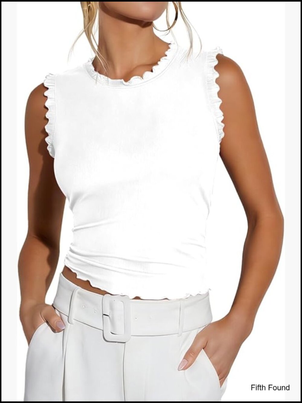Sleeveless Ribbed Knit Tank Top Crew Neck Ruffle Trim Slim Fitted Summer Staple - Picture 1 of 7